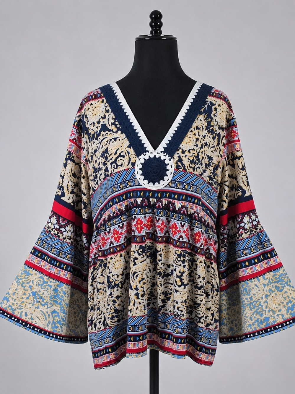 Melissa Paige XL Boho Bell Sleeve Tunic Top Crochet Trim Paisley Festival